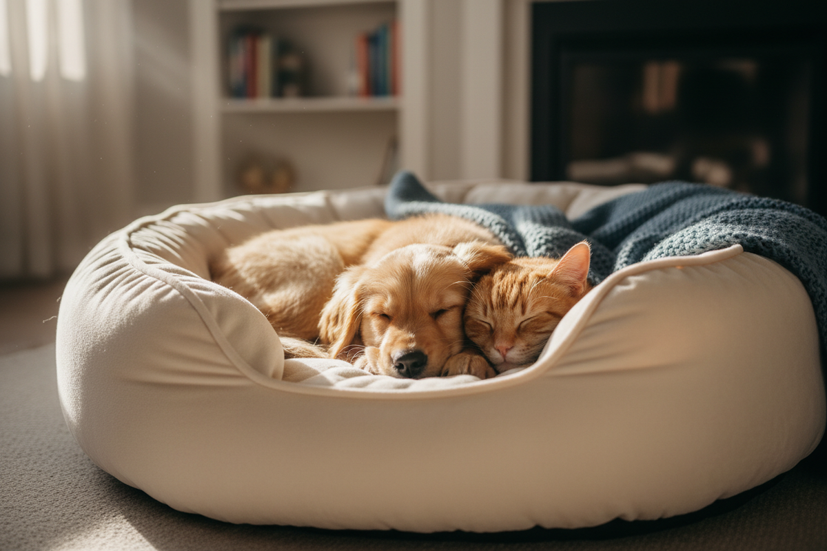 cat and dog is sleeping in the cozy pet bed