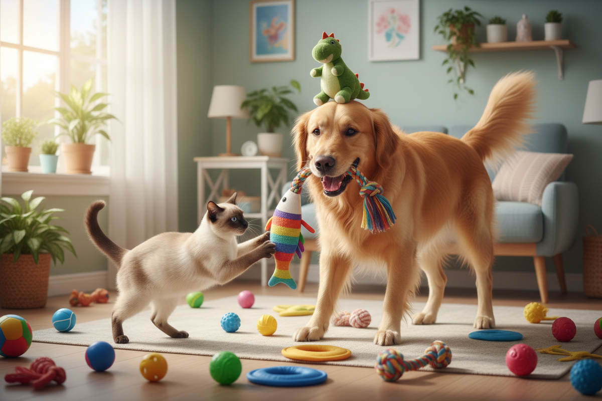 dog and cat is playing with pet toys
